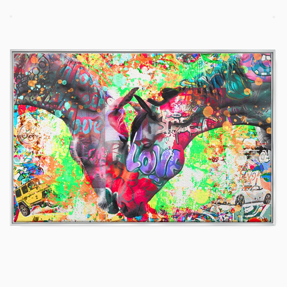 Tablou canvas cu tablou canvas cu doi cai si graffiti colorat, in rama de aluminiu argintiu